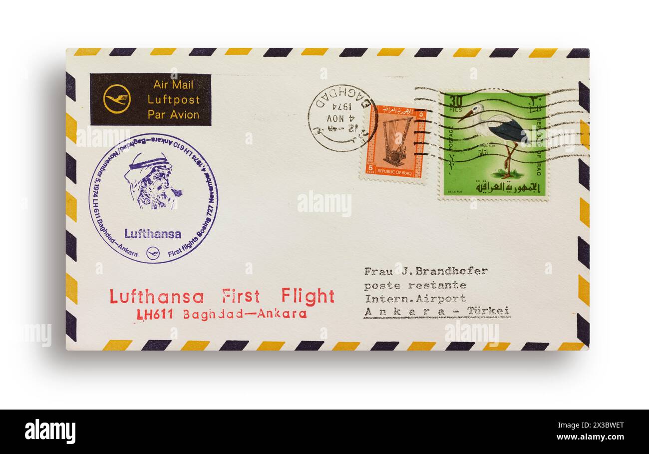 Prima lettera di volo, prima copertura del volo, primo volo Lufthansa LH611 con Boeing 727 da Baghdad, Iraq, ad Ankara, Turchia, il 4 novembre 1974 Foto Stock