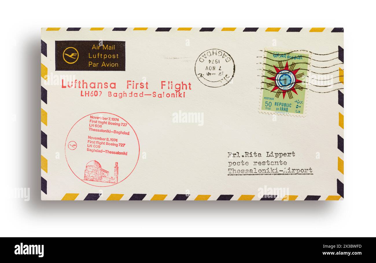 Prima lettera di volo, prima copertura del volo, Lufthansa primo volo LH608 con Boeing 727 da Salonicco, Grecia, a Baghdad, Iraq, il 7 novembre 1974 Foto Stock