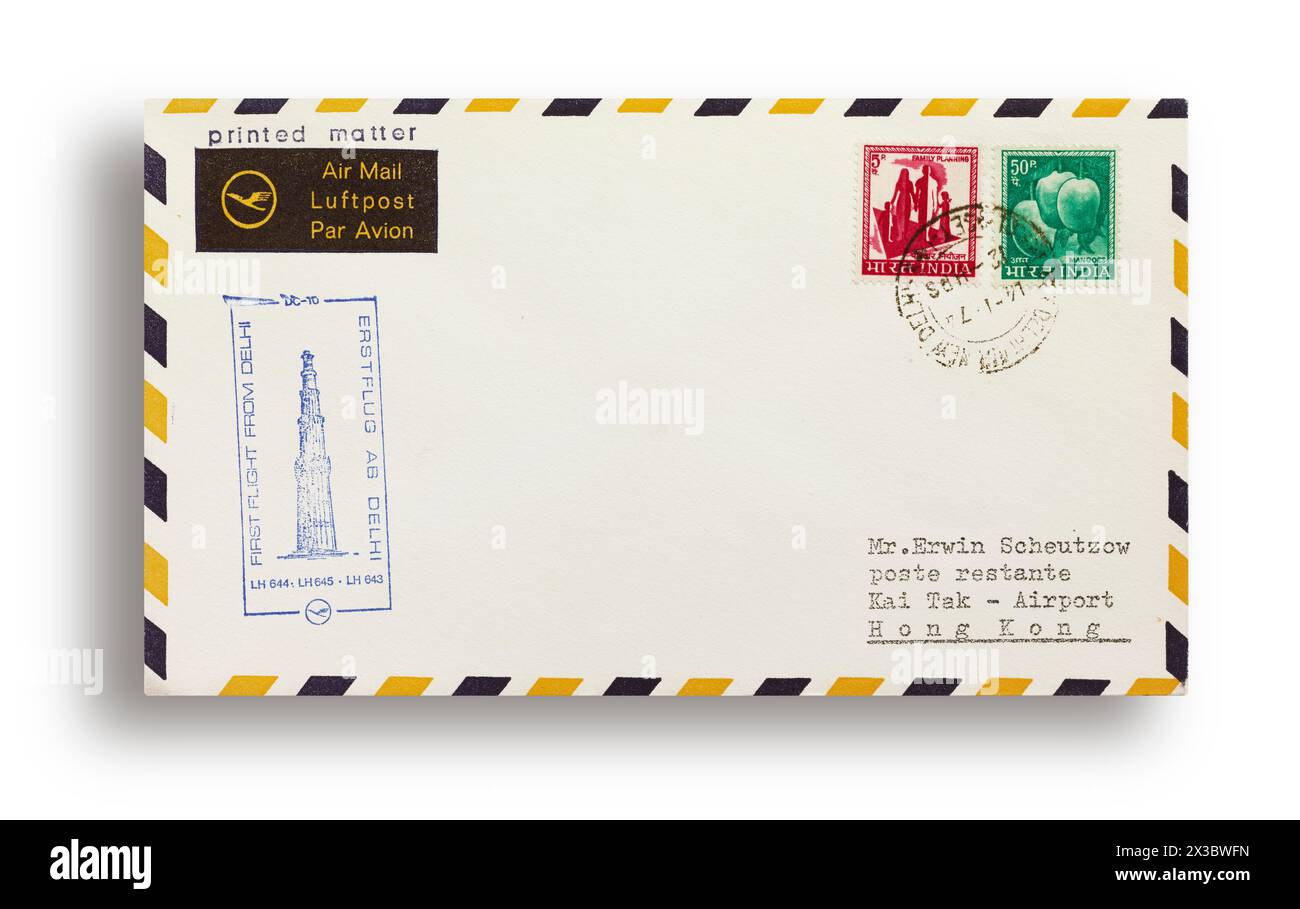 Prima lettera di volo, prima copertura di volo, primo volo Lufthansa LH645 con DC10 da Delhi, India, a Hong Kong, 14 gennaio 1974 Foto Stock