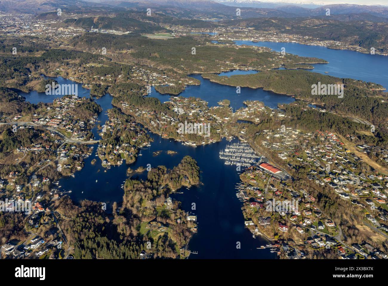 Vista aerea, provincia di Vestland, Norvegia, costa sud-occidentale, Scandinavia, nord Europa Foto Stock