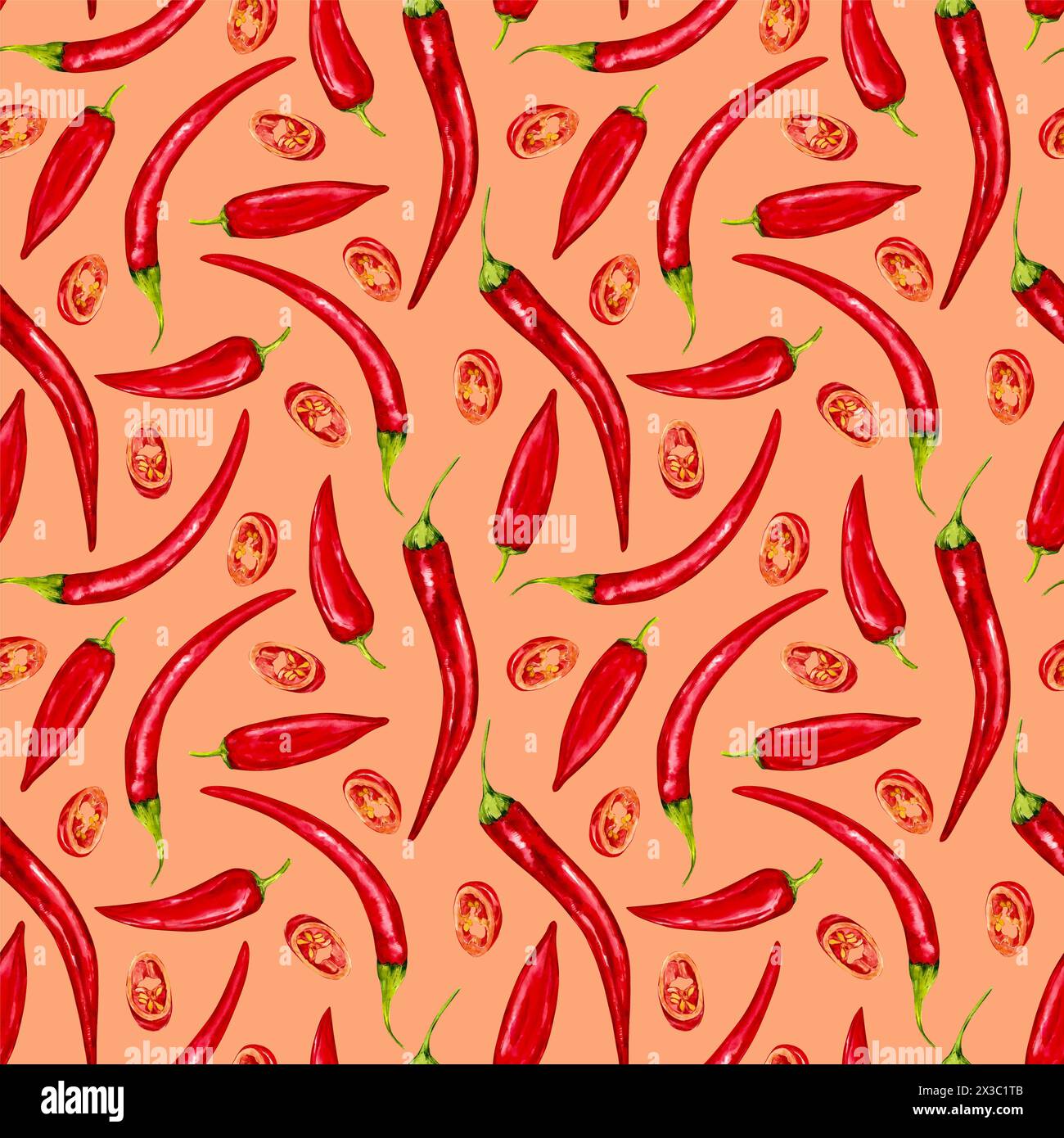 Acquerello senza cuciture con peperoncino trafilato a mano. Pepe rosso caldo e paprika su sfondo beige. Illustrazione per imballaggio, menu, f. Ideale Foto Stock