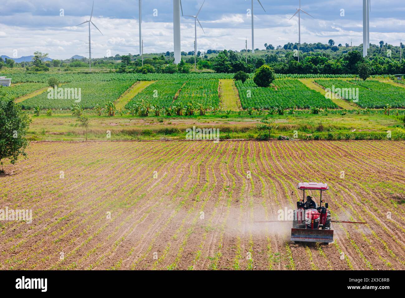 eco-power per un'agricoltura ecologica. L'agricoltore guida un impianto di irrorazione fertilizzante in un campo agricolo a file in un'azienda agricola con generatore di energia eolica Foto Stock