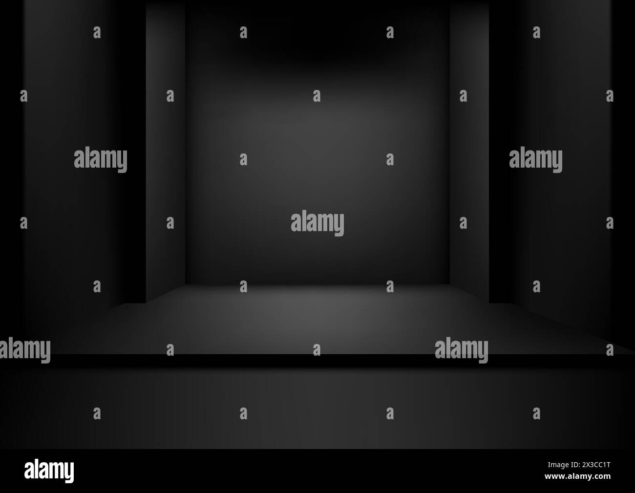 Un faretto illumina una stanza buia con un piedistallo nero in cemento al centro, esposizione dei prodotti. Illustrazione vettoriale Illustrazione Vettoriale