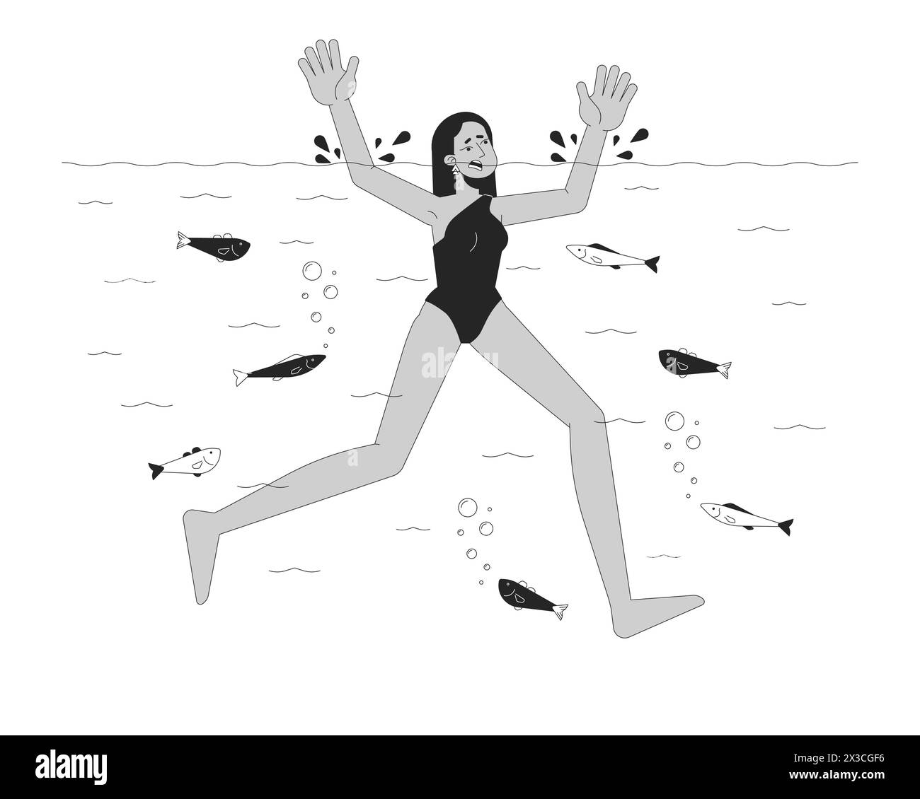 Donna araba annegata nel cartone animato in bianco e nero di fiume illustrazione piatta Illustrazione Vettoriale