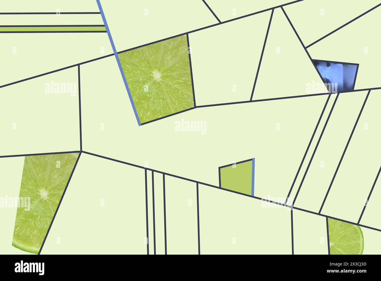 Astrazione: Forme geometriche verdi e blu combinate con foto di frutta. Ripetizione vettoriale. Illustrazione Vettoriale