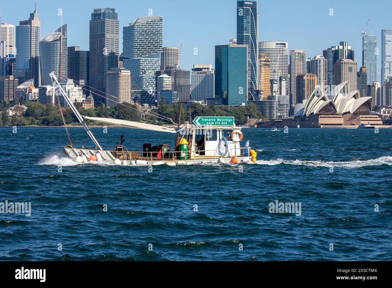 Installatore, appaltatore e riparatore specializzato di ormeggi per imbarcazioni, Treharne Moorings sul porto di Sydney, con il centro città alle spalle, Sydney, NSW, Australia Foto Stock