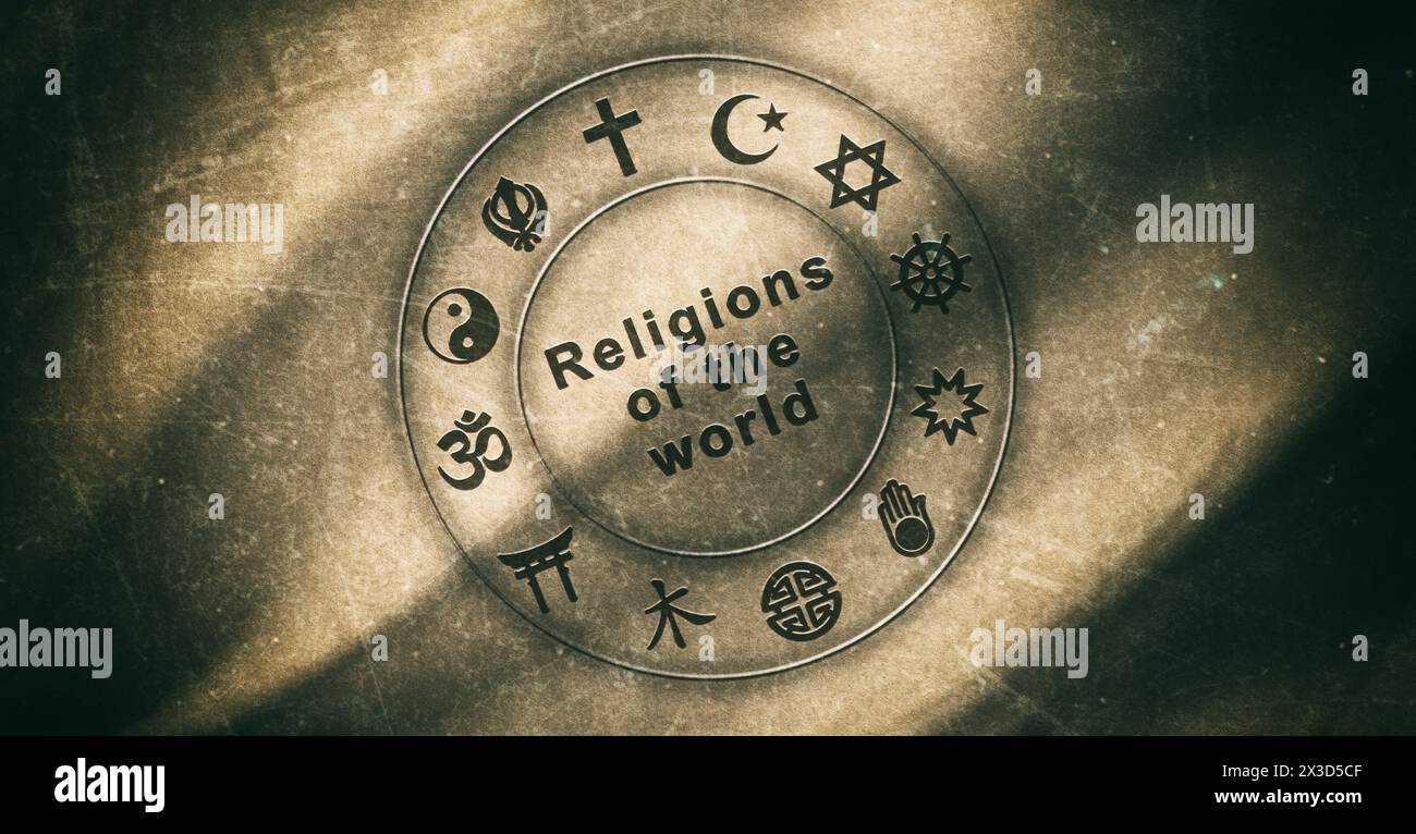 Bandiera con simboli di varie religioni del mondo incisi su tessuto beige con vecchie increspature sporche Foto Stock