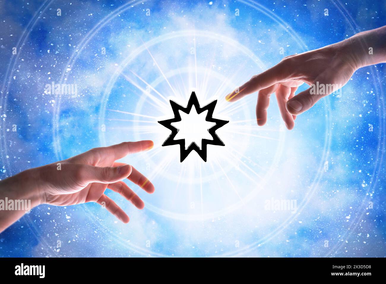 Mani che puntano al simbolo Bahai con cerchi concentrici con un lampo di luce su un magico sfondo blu stellato dell'universo. Foto Stock