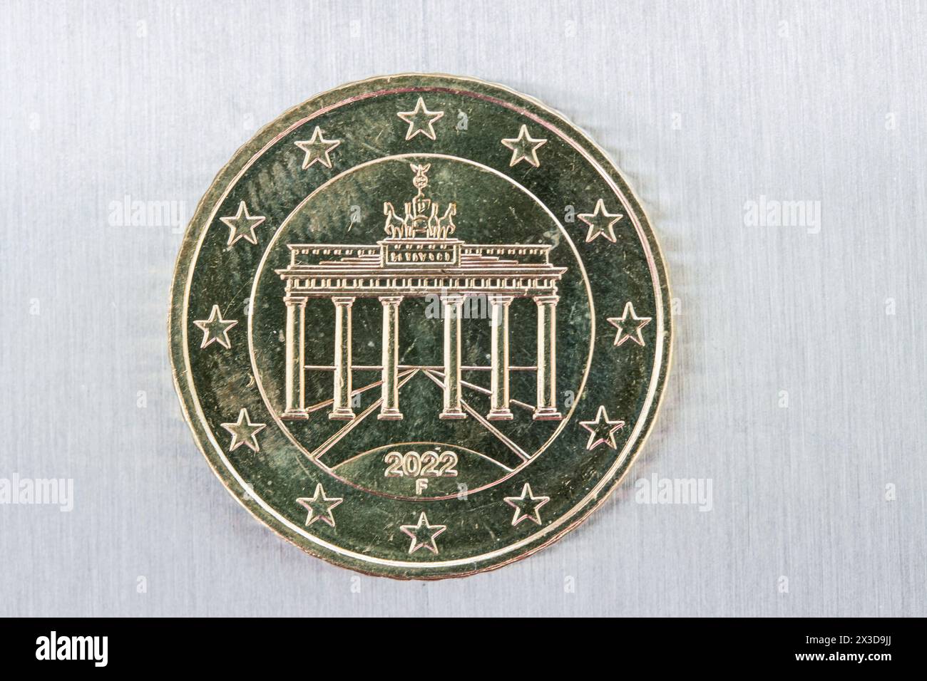 Porta di Brandeburgo su una moneta da 50 centesimi, Germania Foto Stock