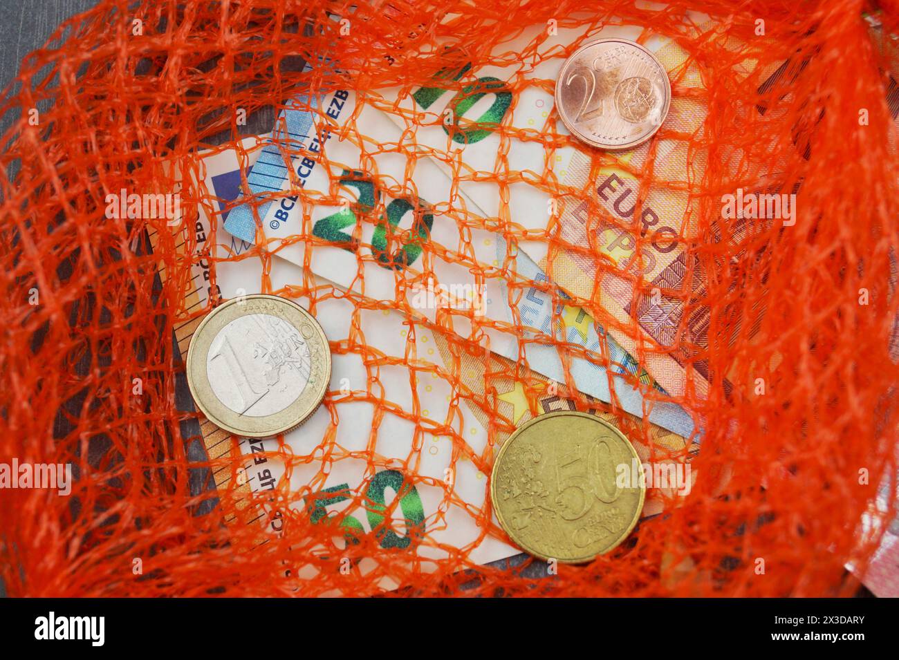 rete di frutta e denaro vuoti, immagine simbolica per acquisti costosi Foto Stock