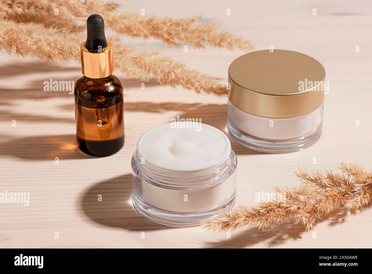 Siero cosmetico e crema di bellezza con canne secche o erba pampas su sfondo di legno con luce dura. Viso anti age naturale pelle auto Foto Stock