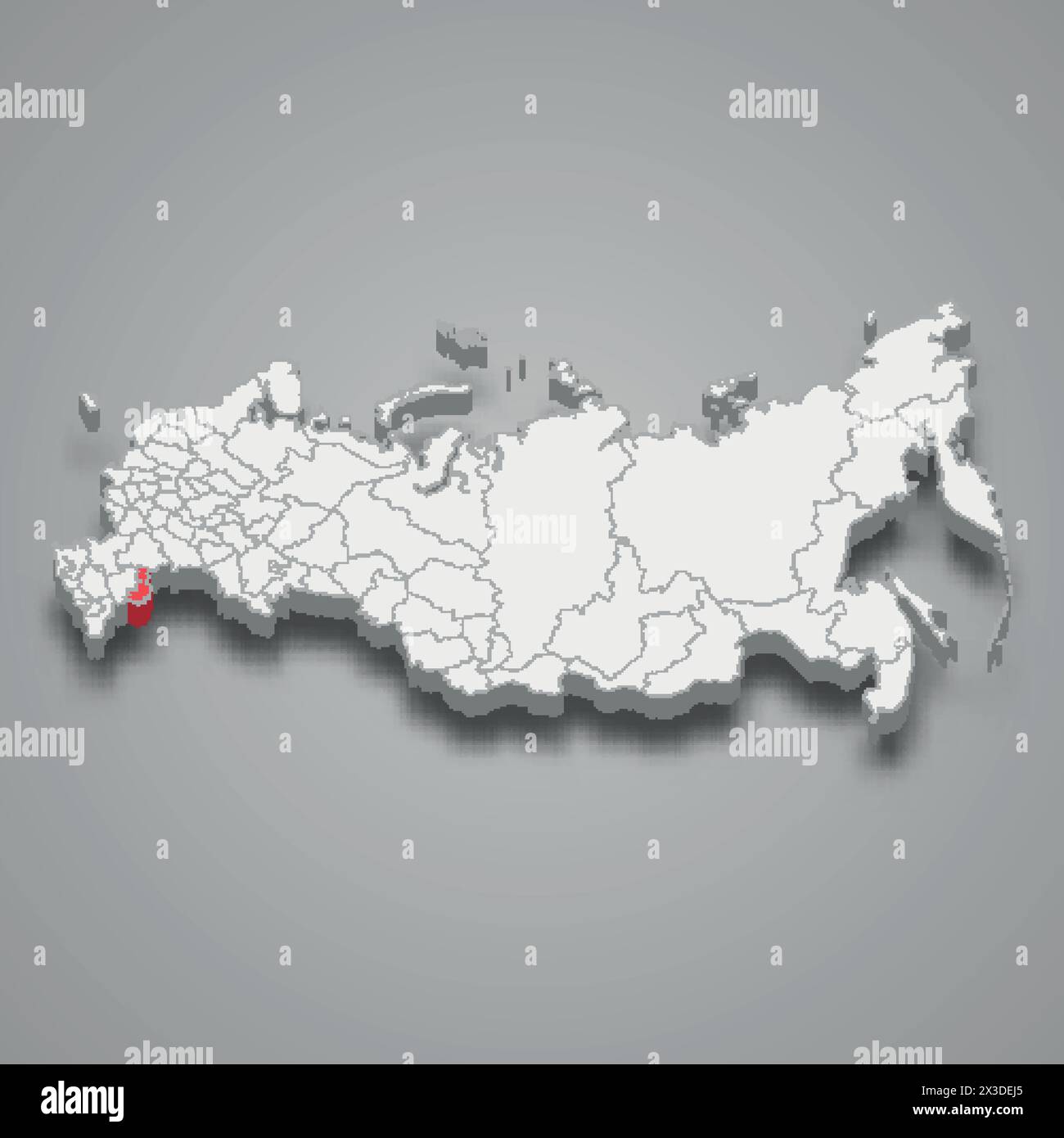 Regione di Astrakhan evidenziata in rosso su una mappa 3d grigia della Russia Illustrazione Vettoriale
