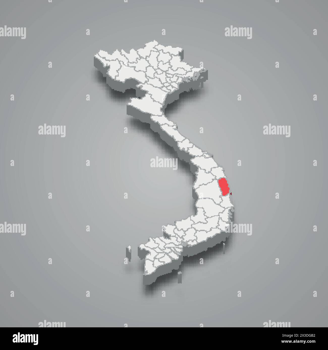 Regione Binh Dinh evidenziata in rosso su una mappa 3d grigia del Vietnam Illustrazione Vettoriale