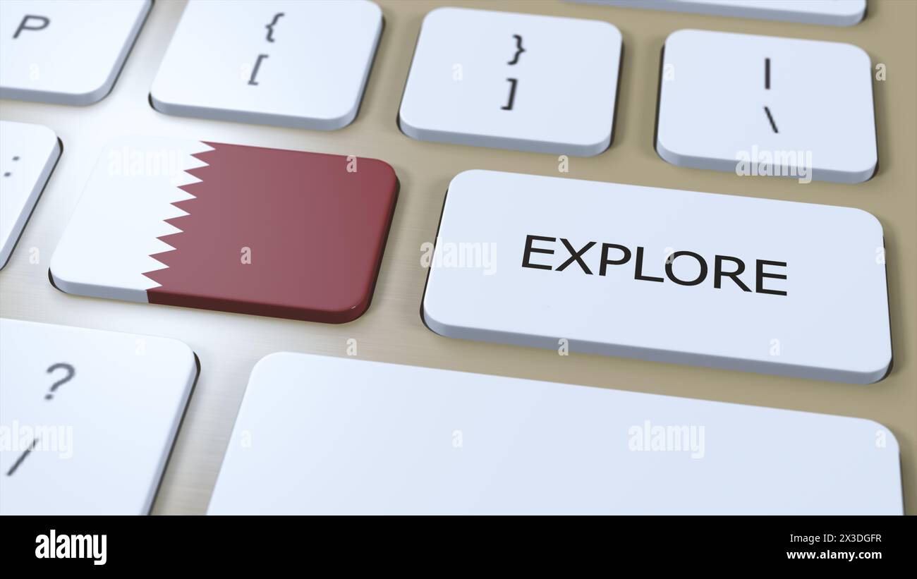 Bandiera nazionale del Qatar e pulsante con Text Explore. Illustrazione 3D. Foto Stock