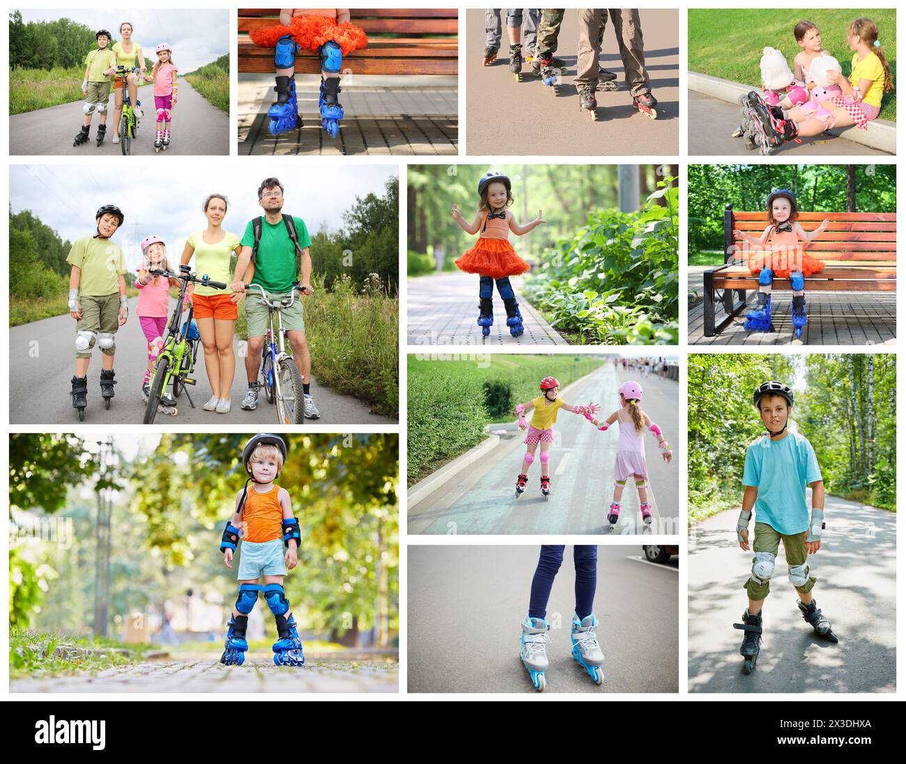Collage con sette persone su pattini e biciclette - due adulti e cinque bambini Foto Stock
