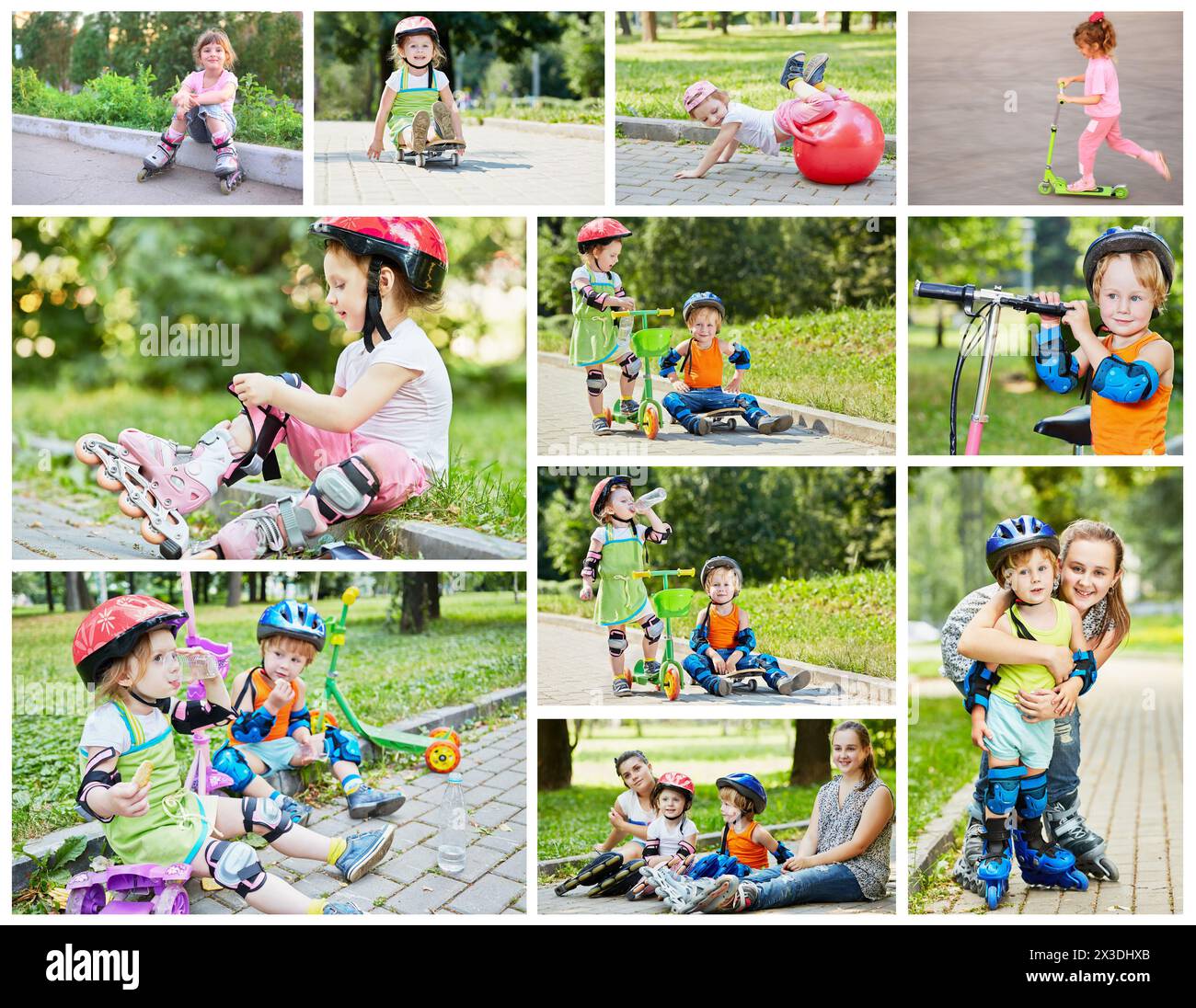 Collage con sei persone su pattini e scooter - quattro bambini e due adolescenti Foto Stock