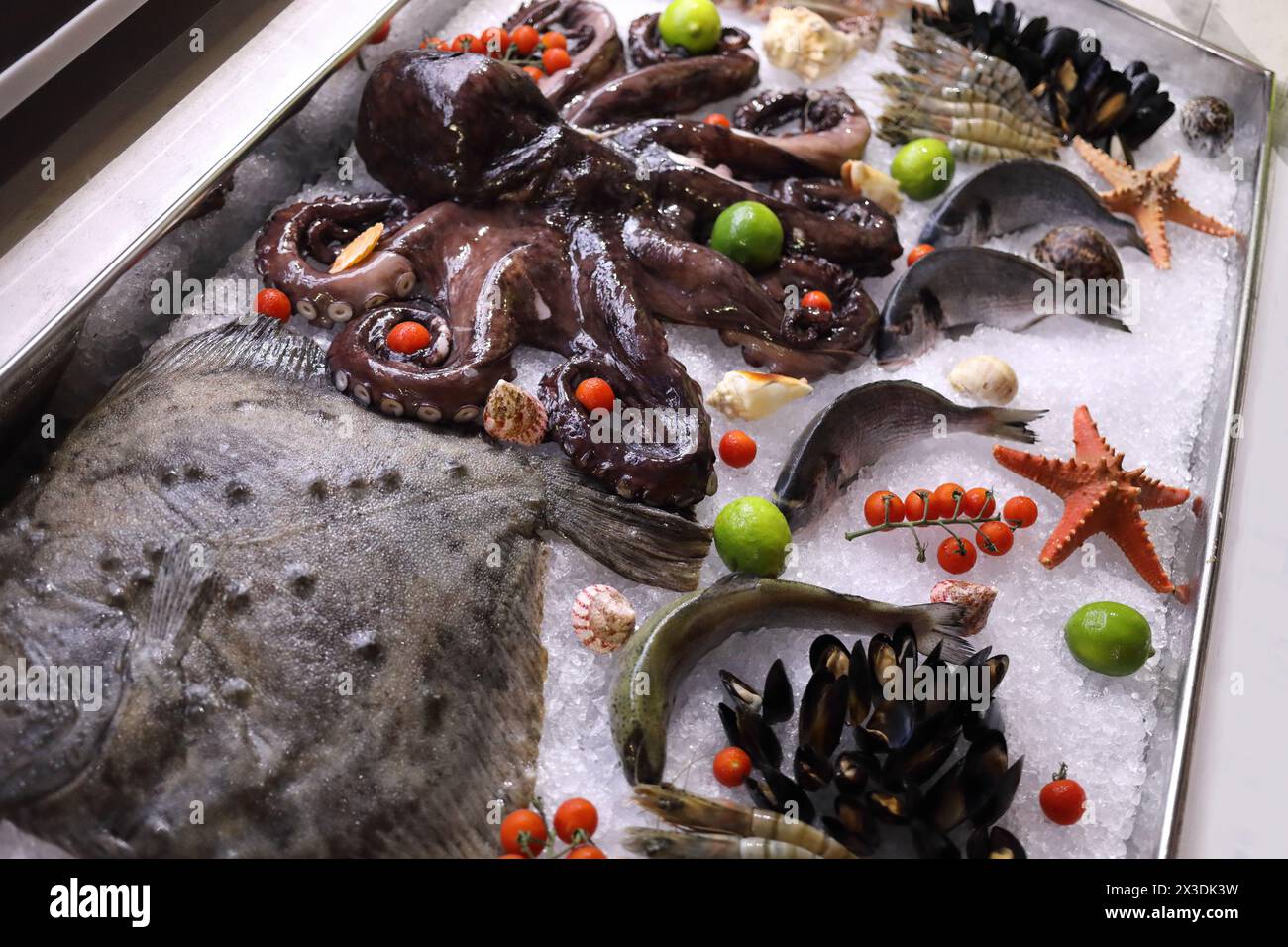 i frutti di mare sono sdraiati sul ghiaccio in magazzino (polpo, passera, stelle marine, gamberi, pesce) Foto Stock