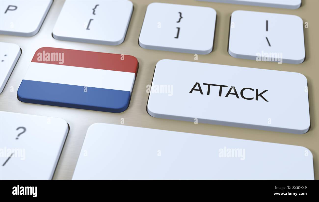 Bandiera nazionale dei Paesi Bassi e attacco di testo al pulsante. Illustrazione War 3D. Foto Stock