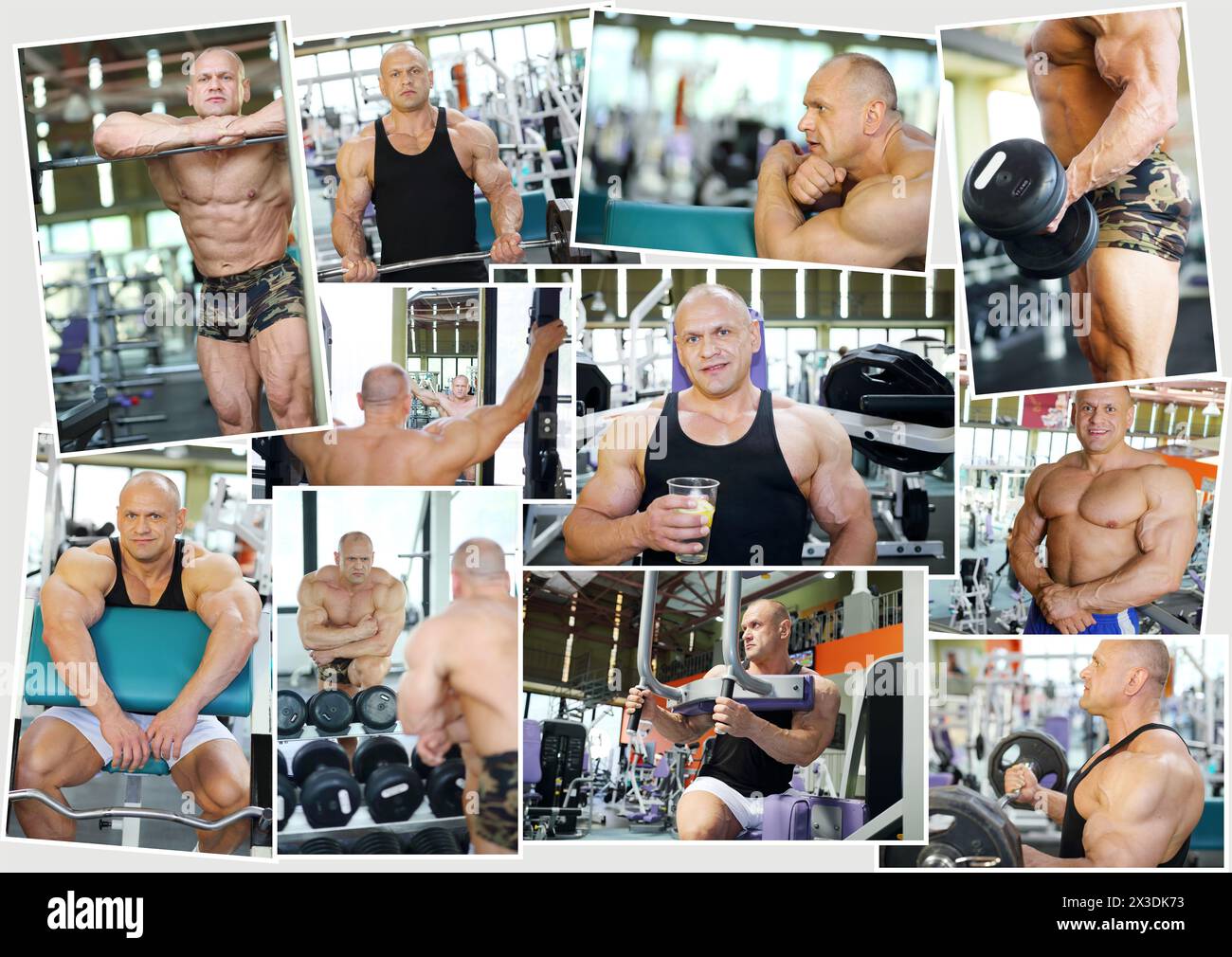 Collage con 11 pose di allestitore (un solo modello) in aula di formazione Foto Stock