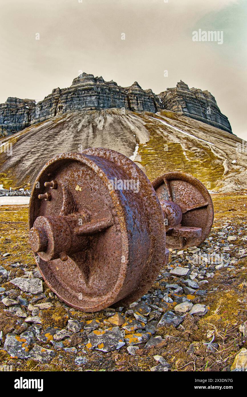 Resti antichi, scogliere di Skansen, Skansbukta, Billefjord, Artico, Spitsbergen, Svalbard, Norvegia, Europa Foto Stock