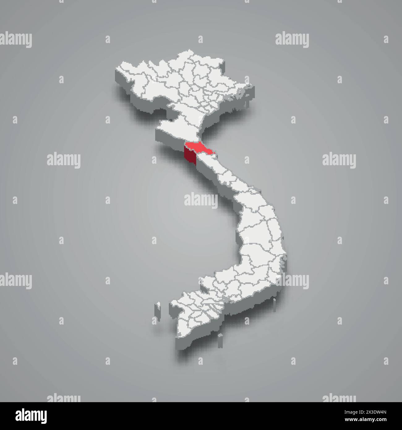 Regione ha Tinh evidenziata in rosso su una mappa 3d grigia del Vietnam Illustrazione Vettoriale