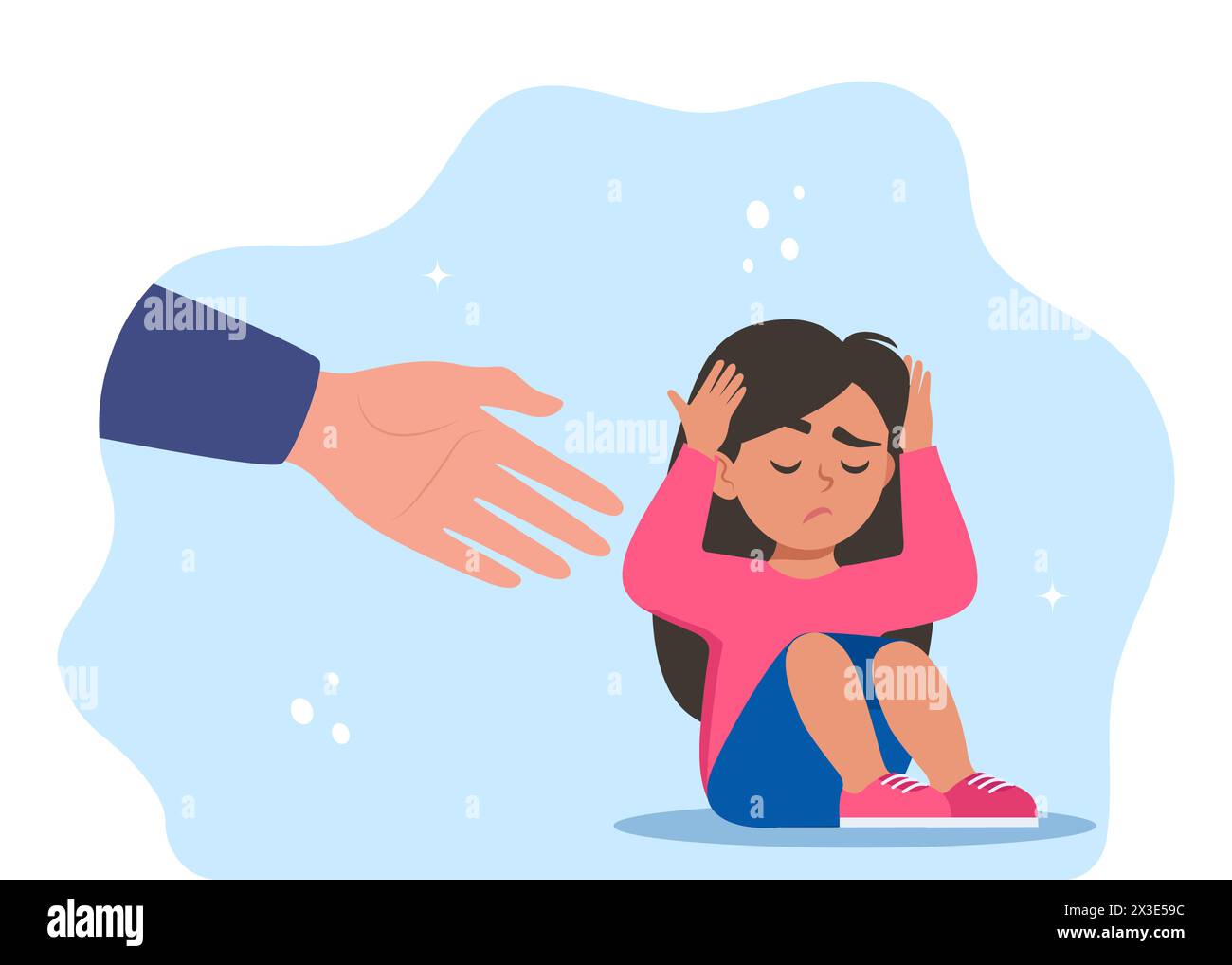La mano umana aiuta il bambino infelice e triste in depressione seduto. Concetto di salute mentale Illustrazione Vettoriale