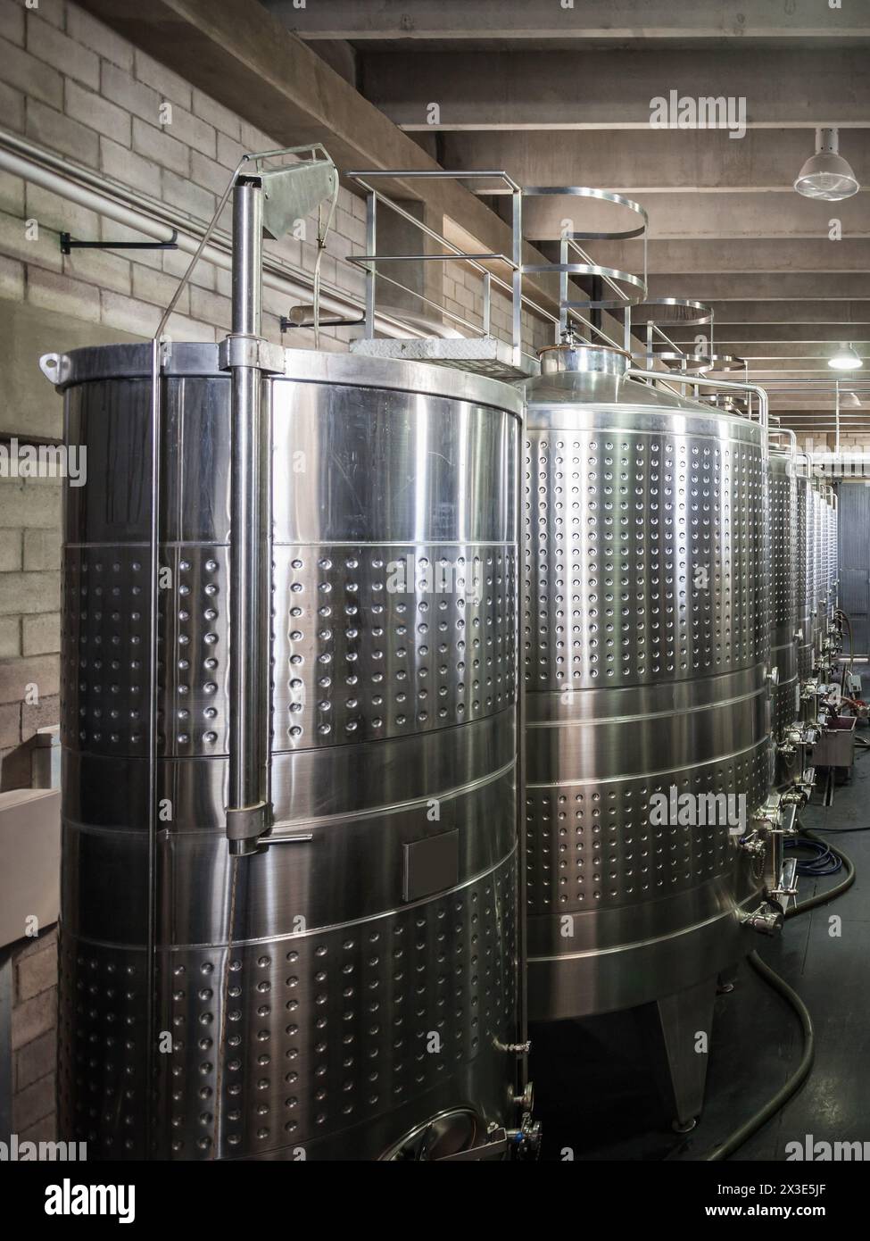 Processo di fermentazione del vino in tini di acciaio inossidabile in una cantina Foto Stock