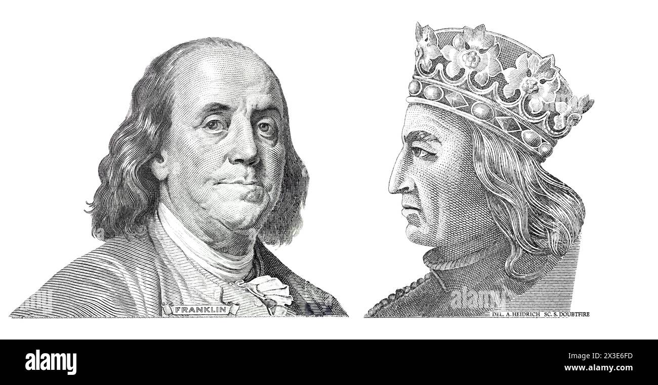 Benjamin Franklin tagliò la nuova banconota da 100 dollari e Władysław II Jagiełło tagliò la banconota da 100 zloty polacchi per scopi di progettazione Foto Stock