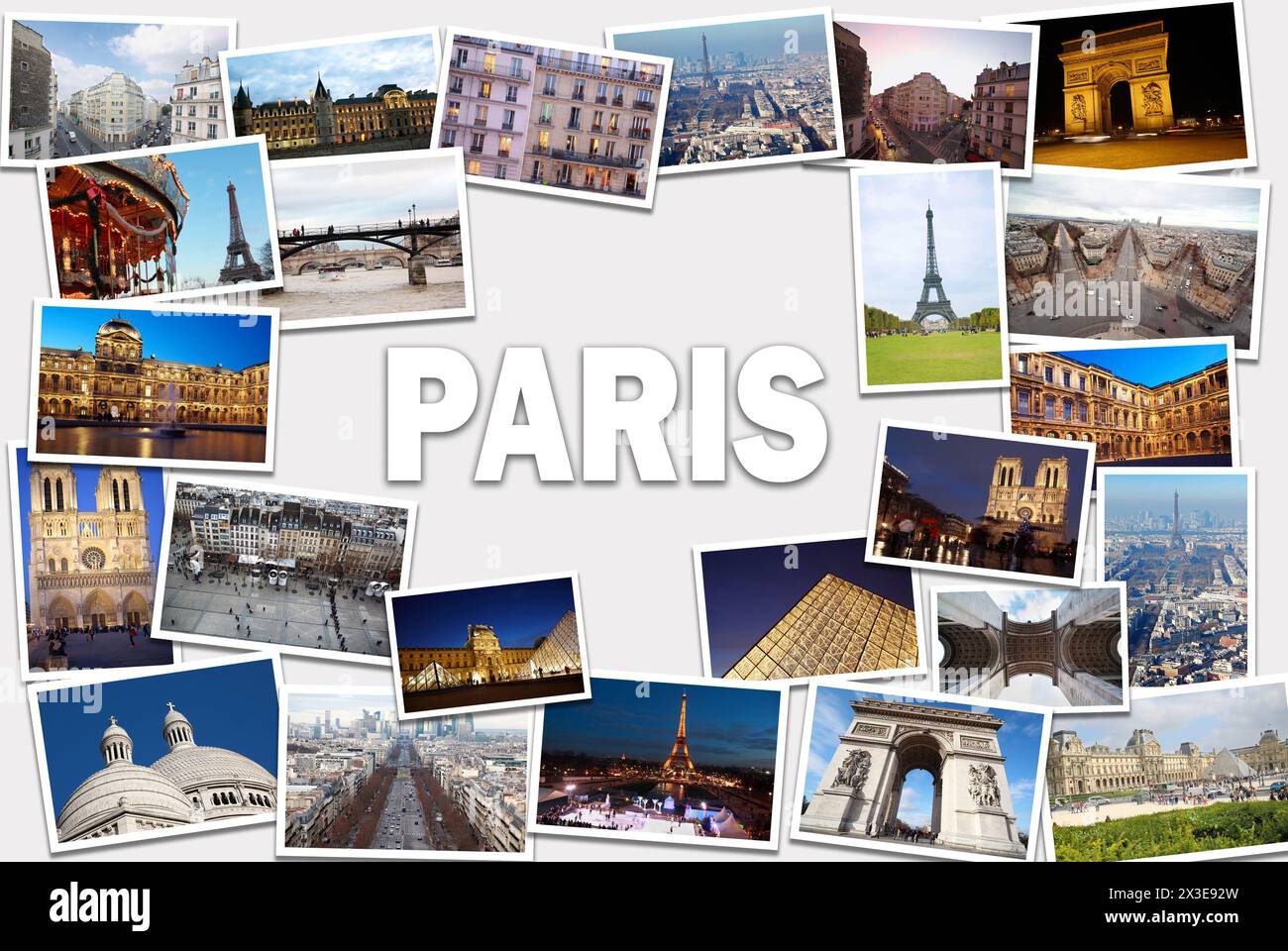 Collage con viste di Parigi - Torre Eiffel, Arco di Trionfo, Montmartre, Louvre, Cattedrale di Notre Dame de Paris Foto Stock