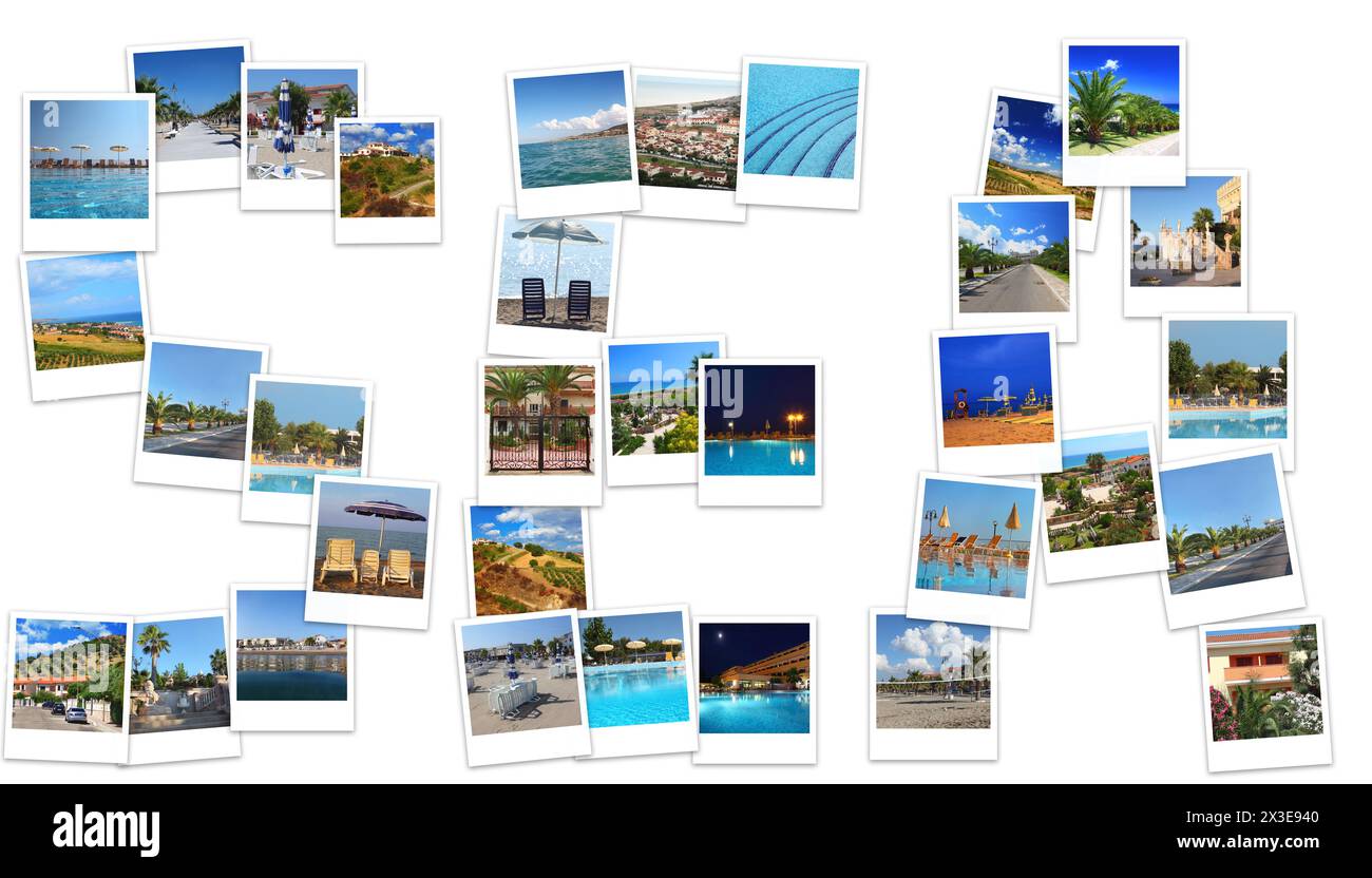 Text SEA - collage con vista sul mare delle località estive - Calabria soleggiata, Italia Foto Stock