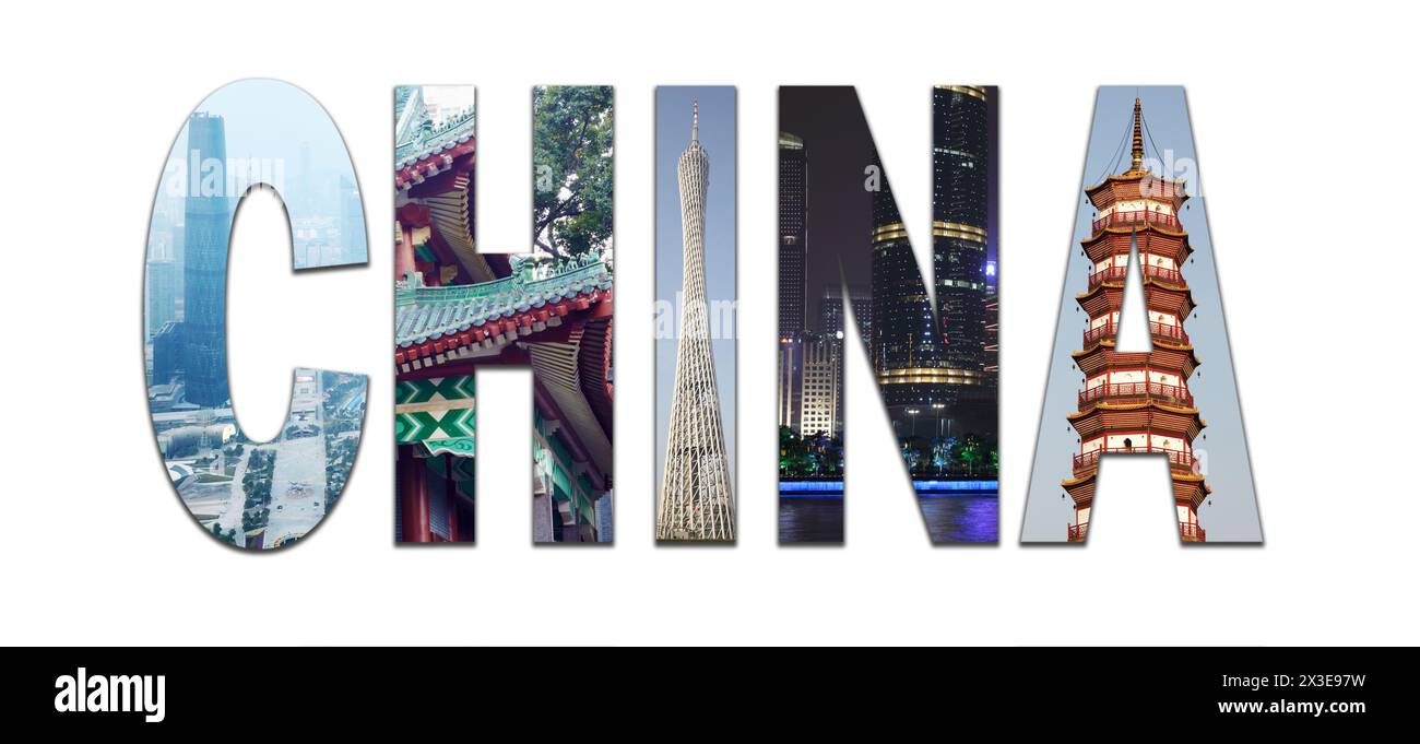 Collage di lettere Cina con viste di Guangzhou - Pagoda, Guangzhou Canton TV Tower, International Financial Centre Foto Stock