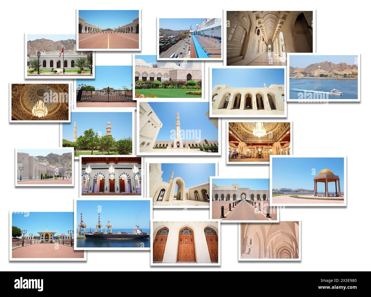 Collage con foto dell'Oman: Palazzo del Sultano, grande Moschea, porto di Qaboss Foto Stock