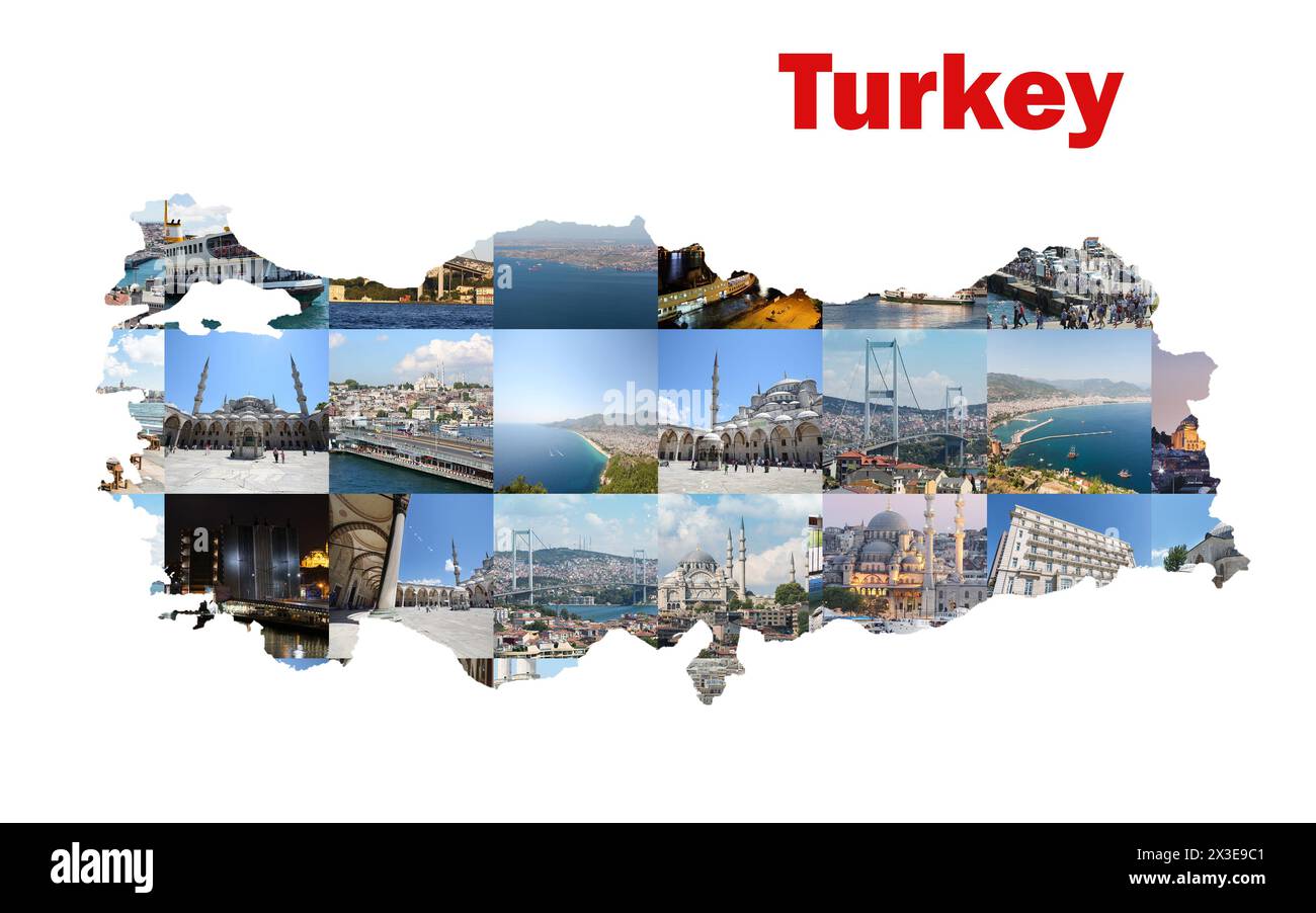 Collage con la Turchia mappa con vista sulle località marittime della Turchia - Alanya, Antalya, Istanbul Foto Stock