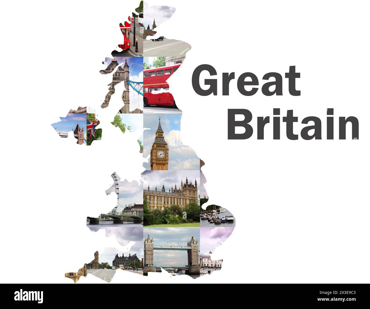 Mappa pf Inghilterra con vista su Londra - Tower Bridge, Big Ben, Westminster Palace Foto Stock