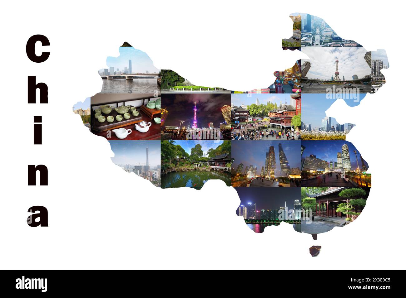 Mappa della Cina con vedute delle città di Guangzhou e Shanghai e collage Foto Stock