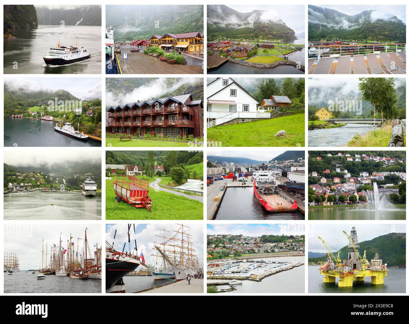 Collage con le viste dei fiordi norvegesi - montagne, navi, costa, olio derrick Foto Stock