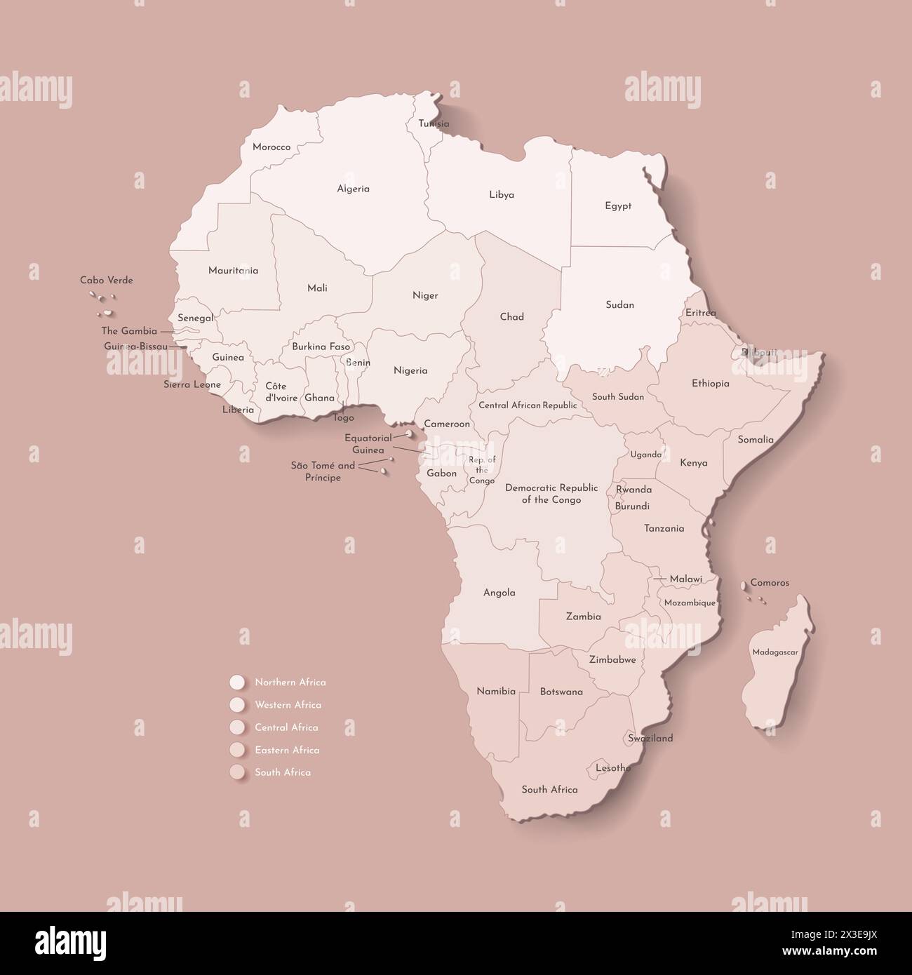 Illustrazione vettoriale con continente africano con confini di tutti gli stati e nomi di paese. Mappa politica in marrone cammello con centro, occidentale, sud Illustrazione Vettoriale