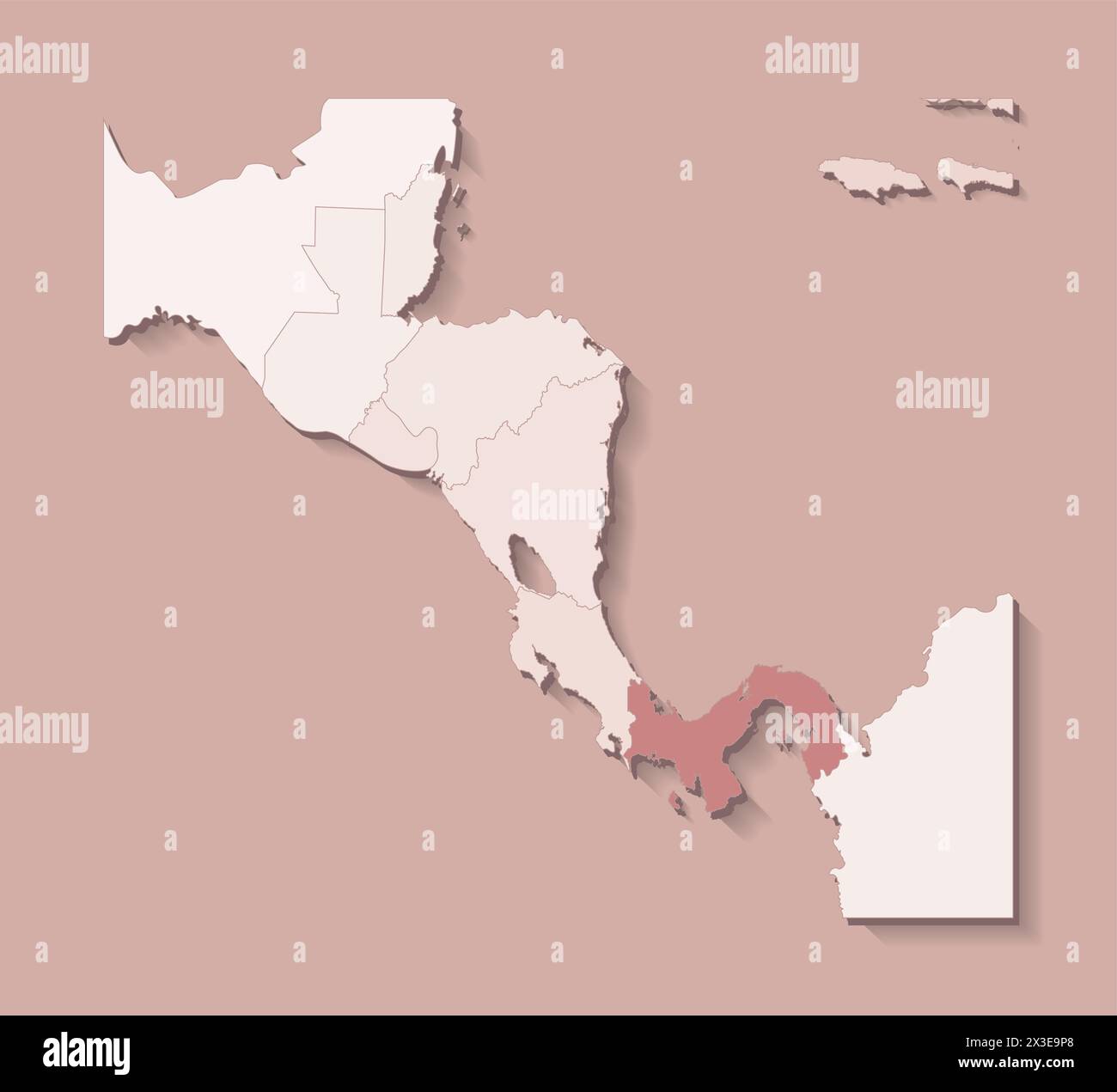Illustrazione vettoriale con l'America centrale con i confini degli stati e il paese segnato Panama. Mappa politica di colore marrone con regioni. Beige indietro Illustrazione Vettoriale