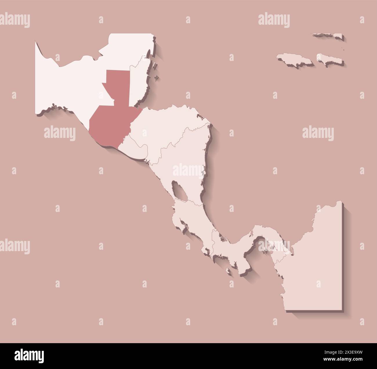 Illustrazione vettoriale con l'America centrale con i confini degli stati e il paese contrassegnato Guatemala. Mappa politica di colore marrone con regioni. Beige B. Illustrazione Vettoriale