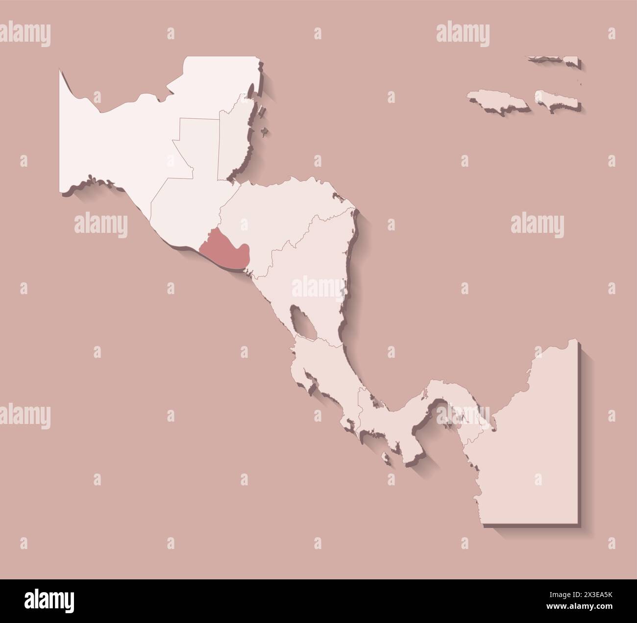 Illustrazione vettoriale con l'America centrale con i confini degli stati e il paese contrassegnato El Salvador. Mappa politica di colore marrone con regioni. Beige Illustrazione Vettoriale