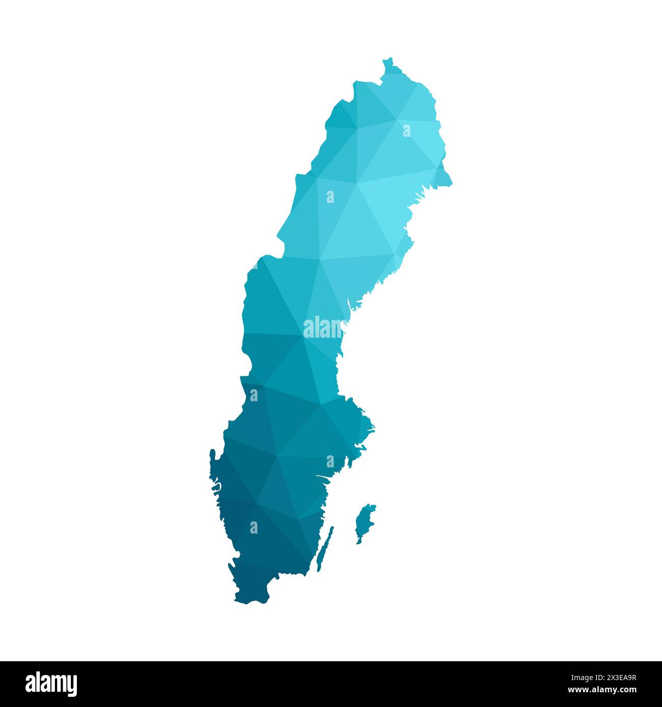 Illustrazione vettoriale con silhouette blu semplificata della mappa della Svezia. Stile triangolare poligonale. Sfondo bianco. Illustrazione Vettoriale