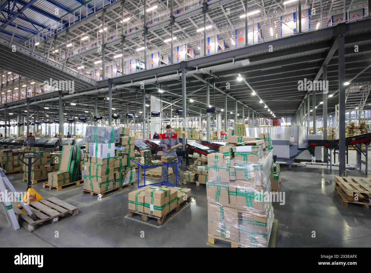 TVER, RUSSIA - 17 MAGGIO 2017: Lavoratori nel magazzino e nel centro di smistamento di Ozon Internet shop, si posiziona al sesto posto nella lista dei più costosi int russi Foto Stock