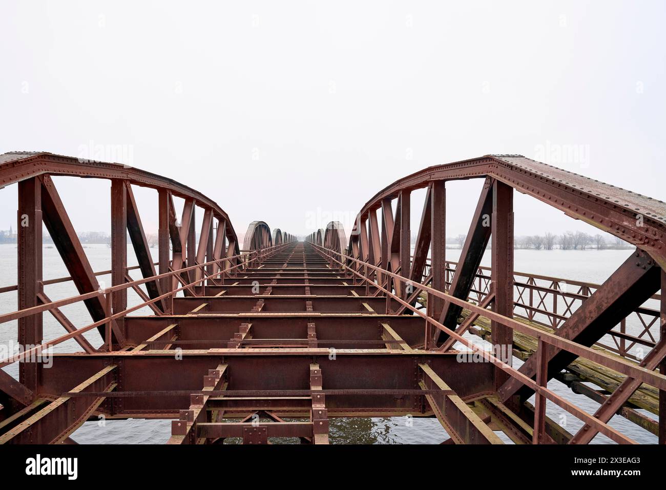 Industriekultur, Baudenkmal, ehemalige innerdeutsche Grenze, alte Eisenbahnbrücke Dömitz an der Elbe bei Hochwasser, Metallgerippe der Brückenkonstruktion Historische Infrastruktur *** Patrimonio industriale, monumento architettonico, ex confine interno tedesco, vecchio ponte ferroviario Dömitz sull'Elba in alto, scheletro metallico della struttura del ponte infrastrutture storiche Foto Stock