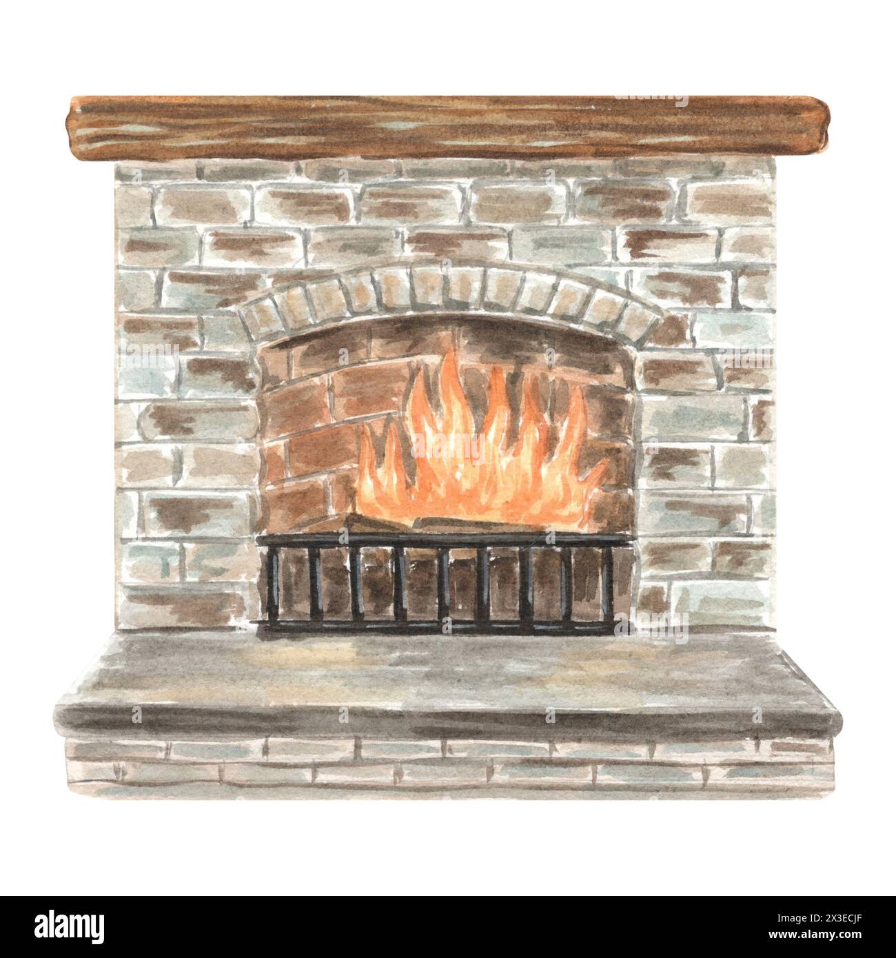 Caminetto a fuoco con mattoni e ripiano in legno. Illustrazione ad acquerello disegnata a mano in vintage. Il simbolo della casa accogliente e i dettagli degli interni. Modello isolato f Foto Stock