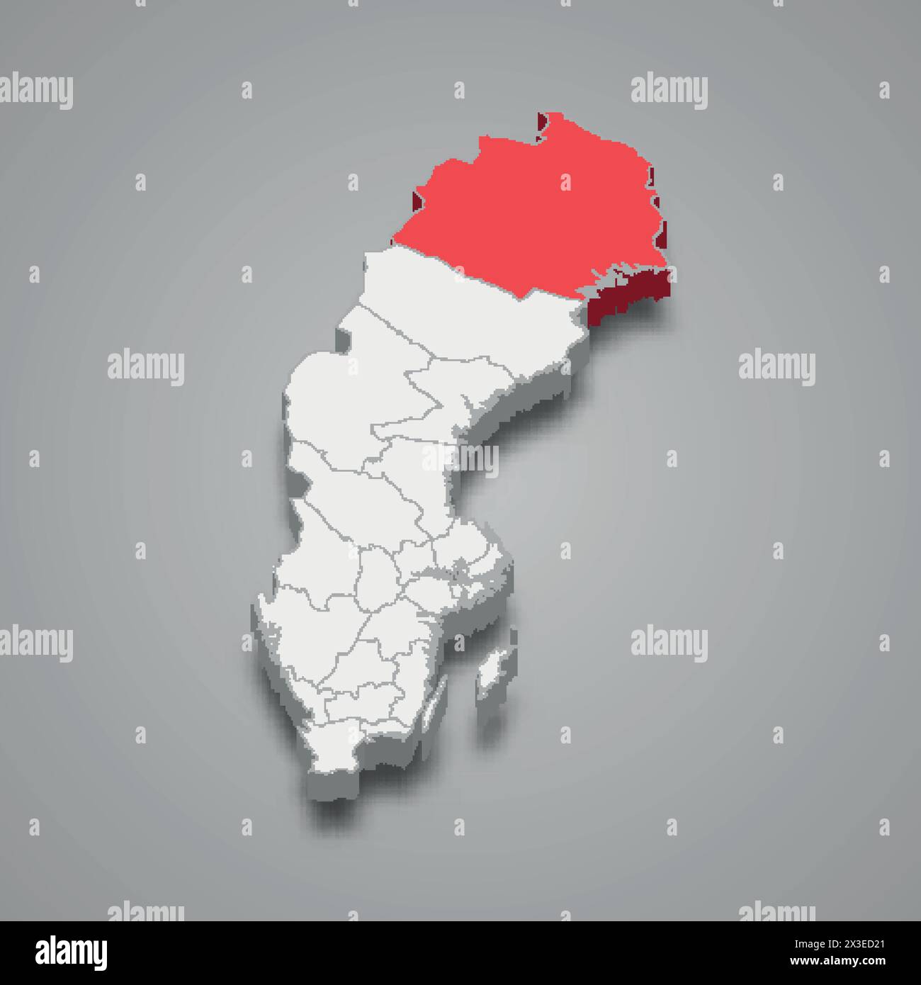 La contea di Norrbotten è evidenziata in rosso su una mappa 3d grigia della Svezia Illustrazione Vettoriale