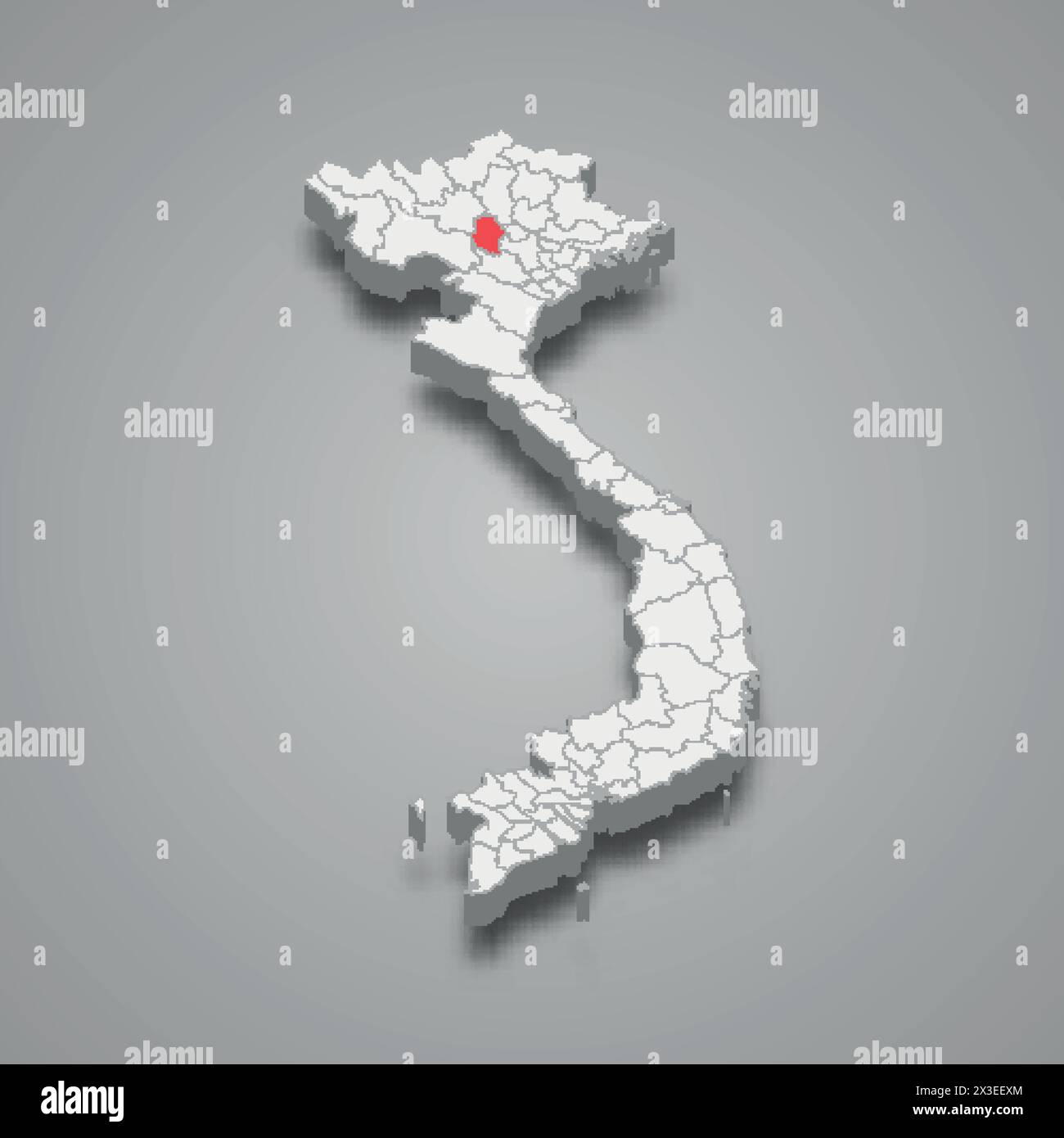 Regione Phu Tho evidenziata in rosso su una mappa 3d grigia del Vietnam Illustrazione Vettoriale