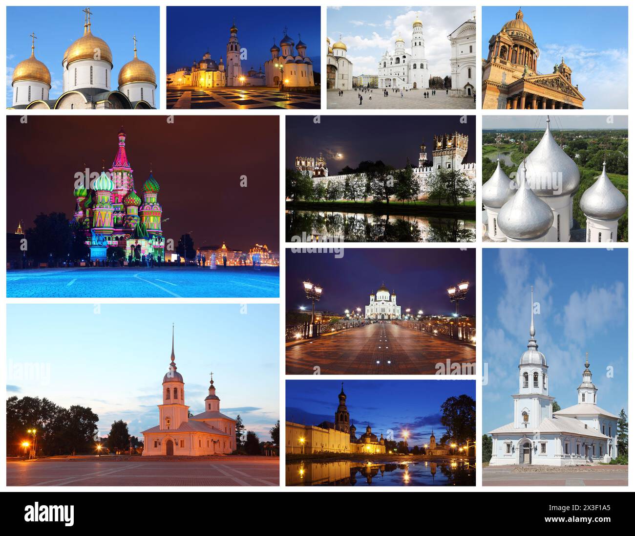 Collage con splendide chiese ortodosse russe e cattedrali, interni di lusso Foto Stock