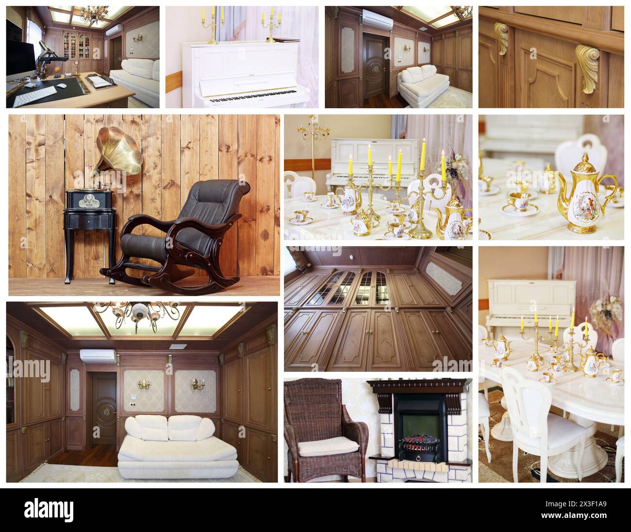 Collage con splendidi interni eleganti: Soggiorno, sala da pranzo, porcellana Foto Stock