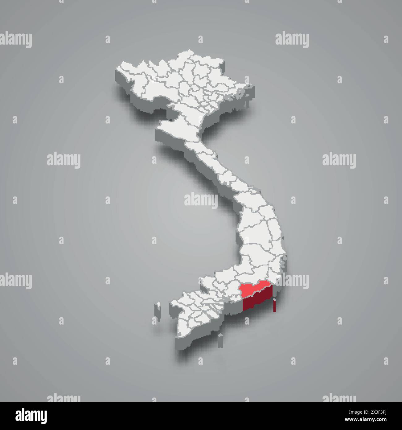 Regione di Binh Thuan evidenziata in rosso su una mappa 3d grigia del Vietnam Illustrazione Vettoriale