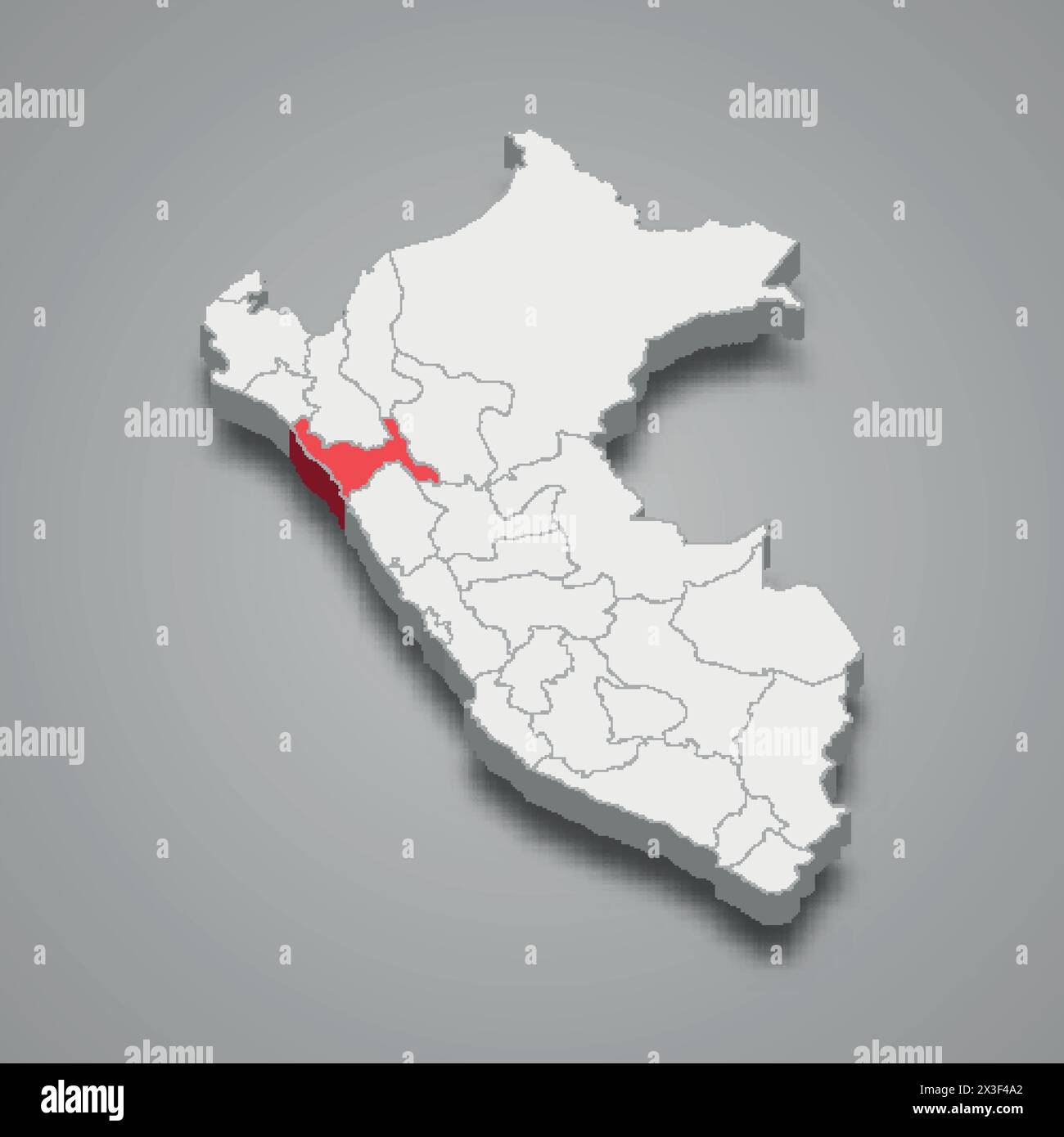 Dipartimento di la Libertad evidenziato in rosso su una mappa 3d grigia del Perù Illustrazione Vettoriale
